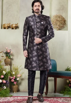 Digital Printed Art Silk Sherwani in Black