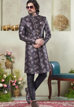 Digital Printed Art Silk Sherwani in Black