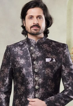 Digital Printed Art Silk Sherwani in Black