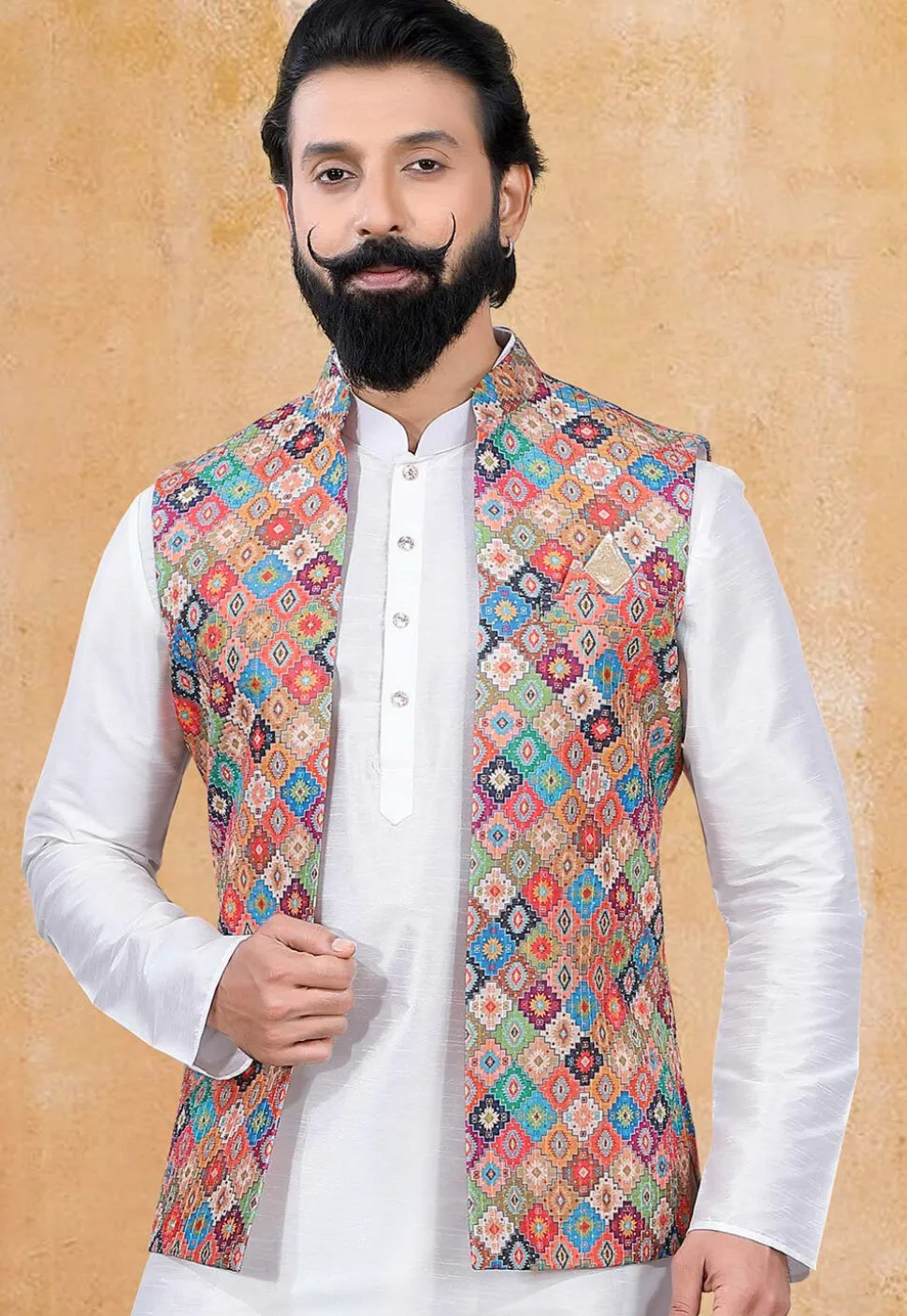 Digital Printed Art Silk Nehru Jacket in Multicolor