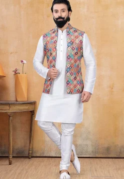 Digital Printed Art Silk Nehru Jacket in Multicolor