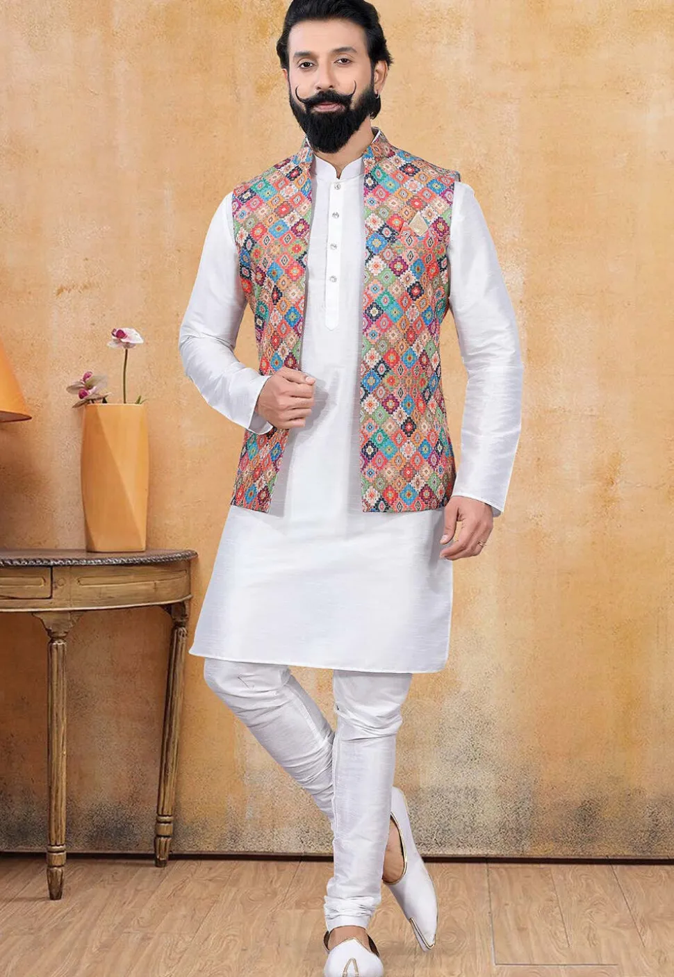 Digital Printed Art Silk Nehru Jacket in Multicolor