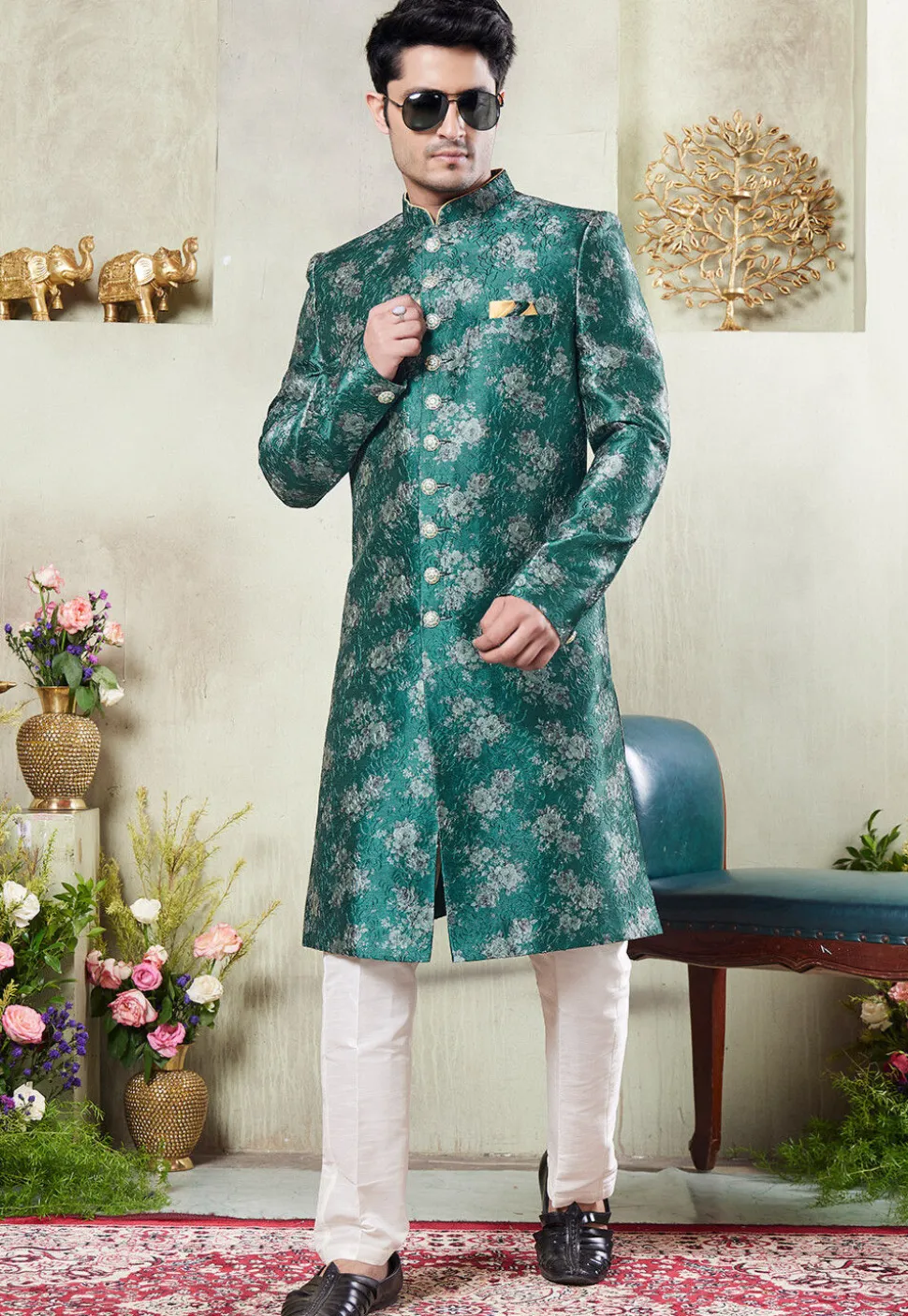 Digital Printed Art Silk Sherwani in Teal Green