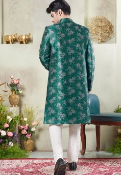 Digital Printed Art Silk Sherwani in Teal Green