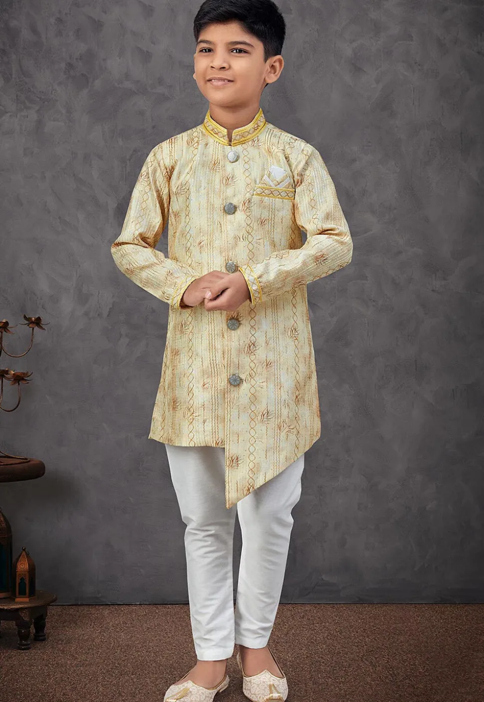 Digital Printed Art Silk Sherwani in Yellow