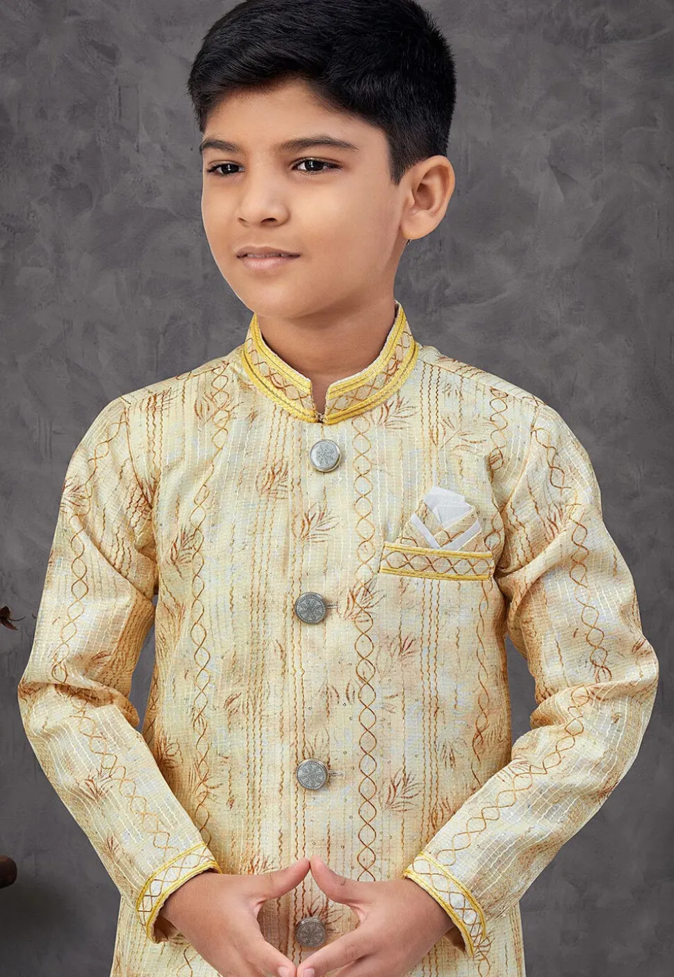 Digital Printed Art Silk Sherwani in Yellow