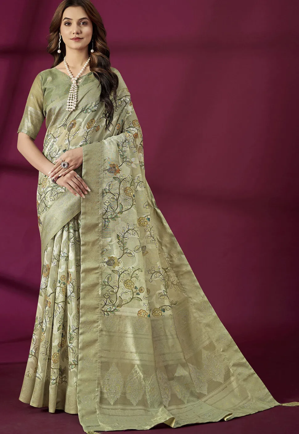 Digital Printed Art Silk Saree in Dusty Green
