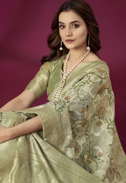 Digital Printed Art Silk Saree in Dusty Green
