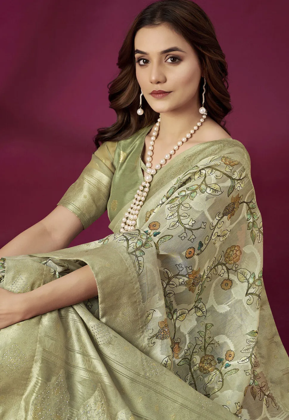 Digital Printed Art Silk Saree in Dusty Green