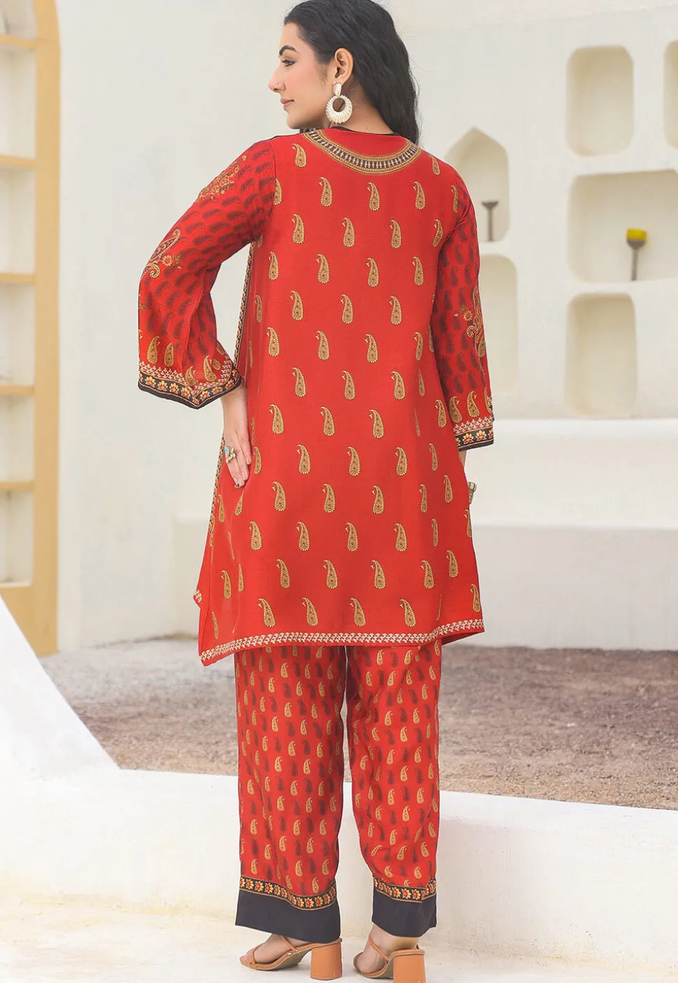 Digital Printed Art Silk Straight Kurta Set in Black and Red
