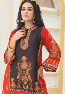 Digital Printed Art Silk Straight Kurta Set in Black and Red