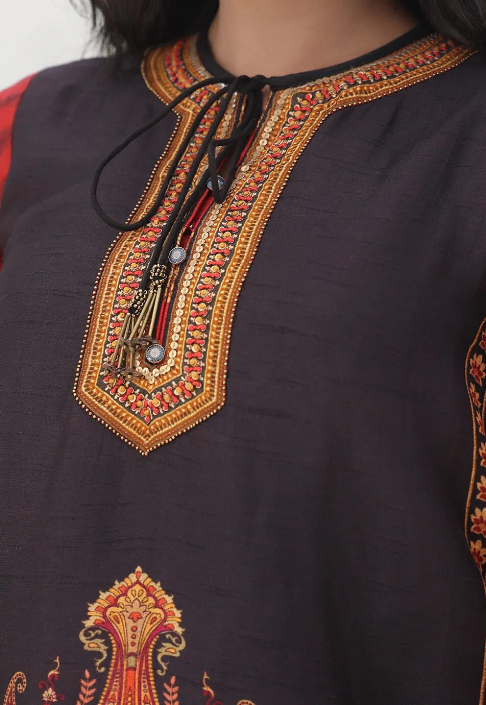 Digital Printed Art Silk Straight Kurta Set in Black and Red