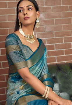 Digital Printed Art Silk Saree in Blue