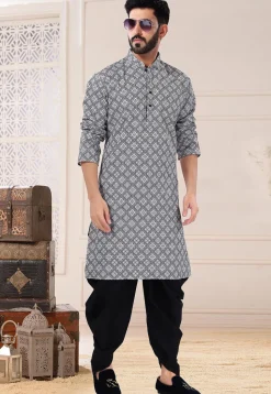 Digital Printed Art Silk Dhoti Kurta in Black and White