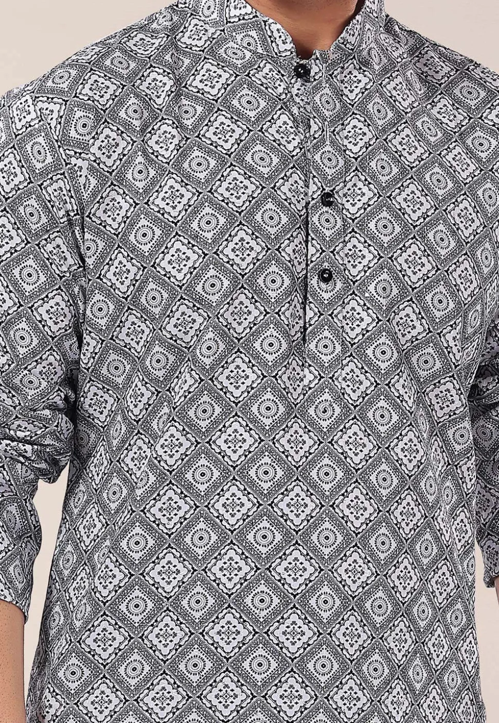 Digital Printed Art Silk Dhoti Kurta in Black and White
