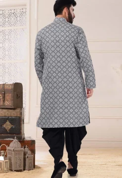 Digital Printed Art Silk Dhoti Kurta in Black and White
