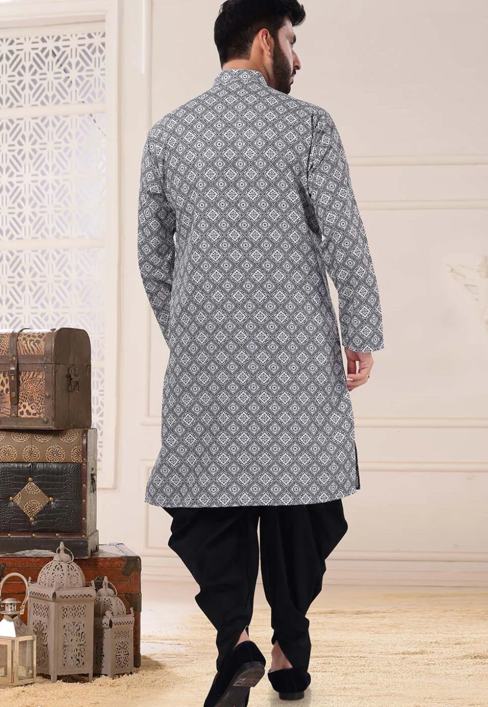 Digital Printed Art Silk Dhoti Kurta in Black and White
