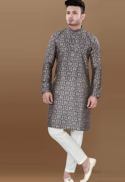 Digital Printed Art Silk Kurta Set in Navy Blue