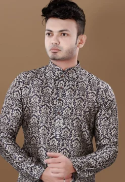 Digital Printed Art Silk Kurta Set in Navy Blue