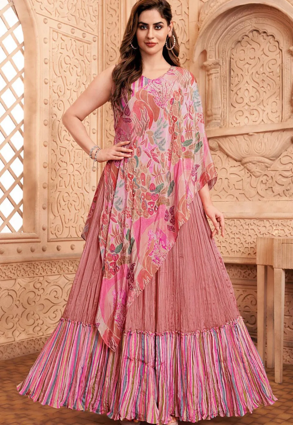 Digital Printed Art Silk Gowns with attached Dupatta in Peach