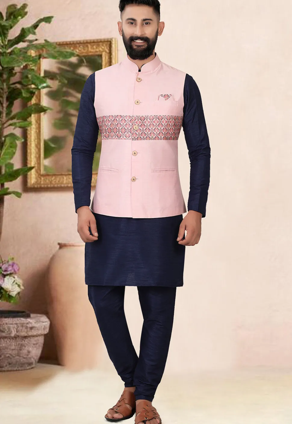 Digital Printed Art Silk Nehru Jacket in Light Pink