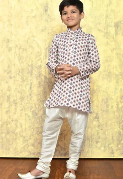 Digital Printed Art Silk Kurta Set in White