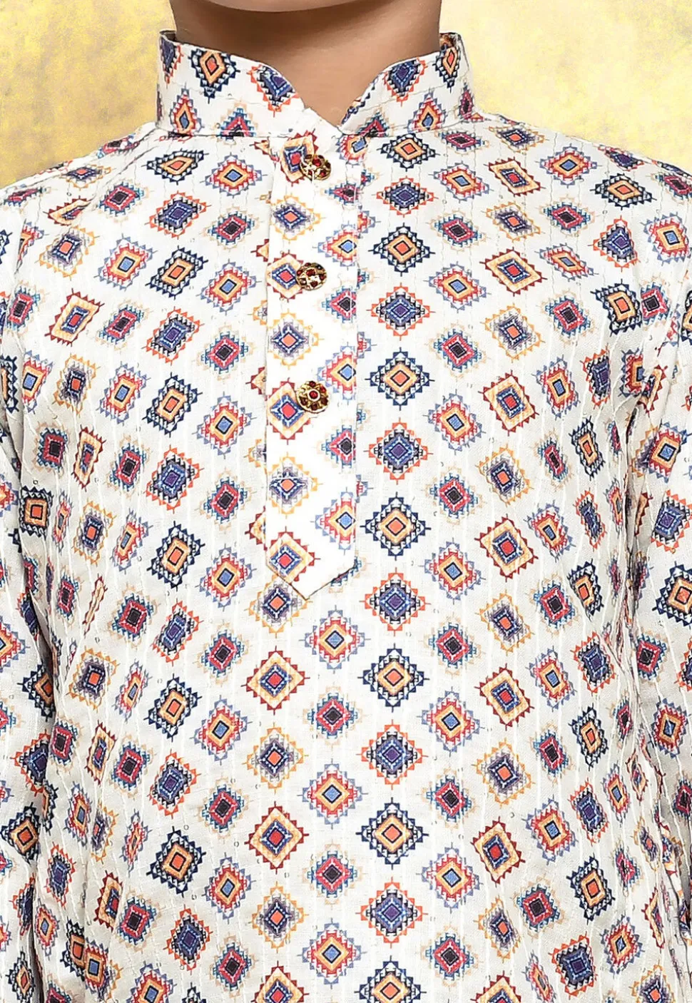 Digital Printed Art Silk Kurta Set in White