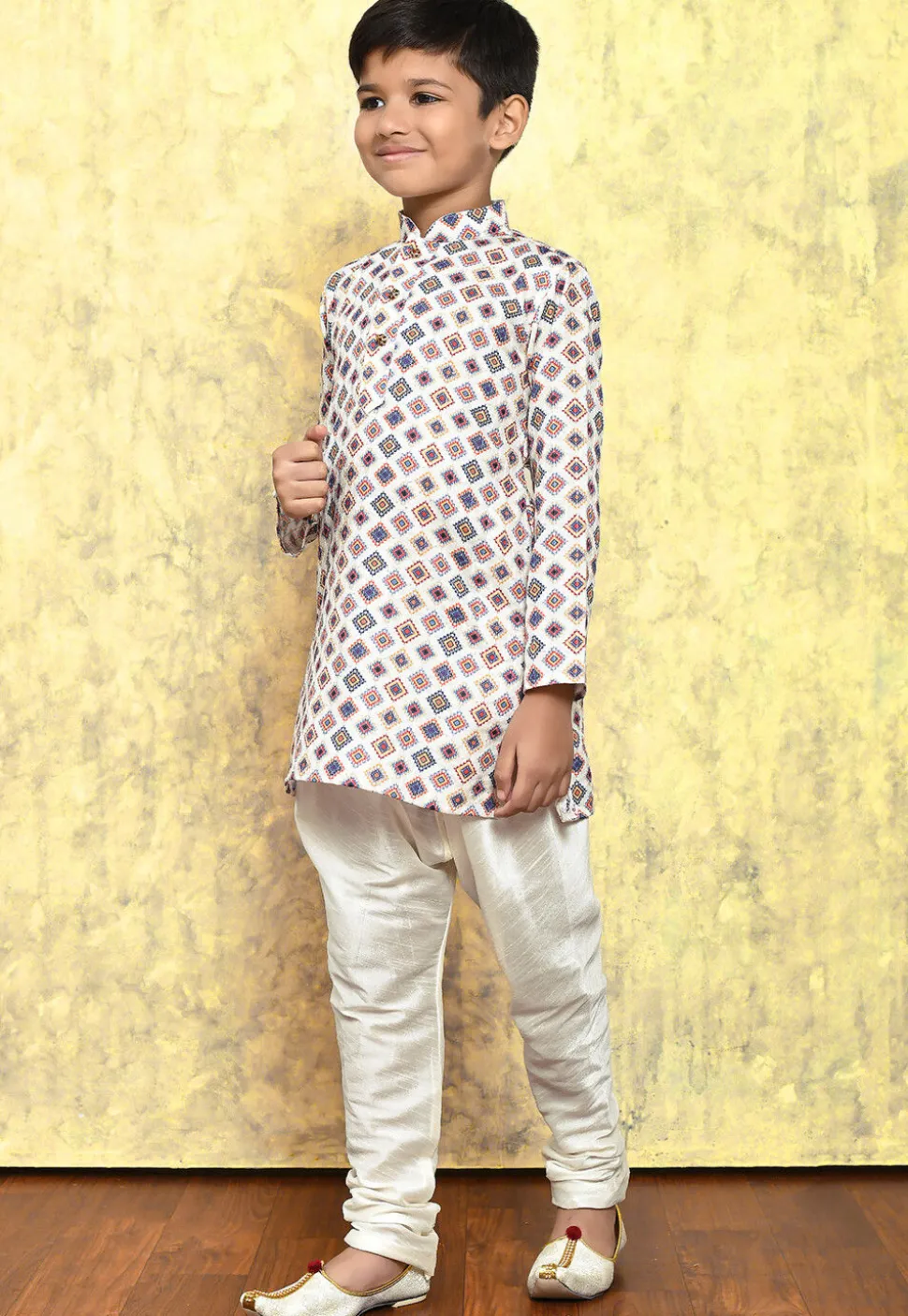 Digital Printed Art Silk Kurta Set in White