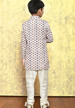 Digital Printed Art Silk Kurta Set in White