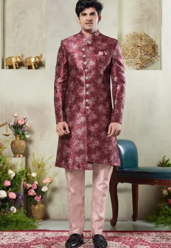 Digital Printed Art Silk Sherwani in Maroon