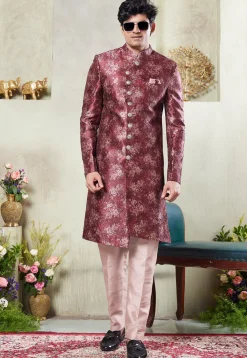 Digital Printed Art Silk Sherwani in Maroon