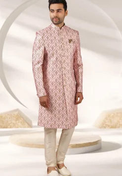 Digital Printed Art Silk Sherwani in Pink