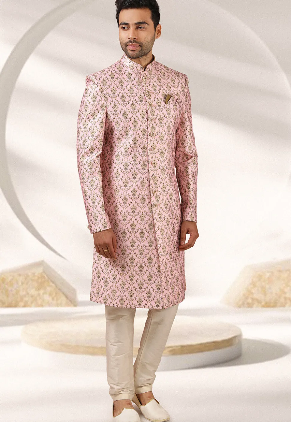 Digital Printed Art Silk Sherwani in Pink
