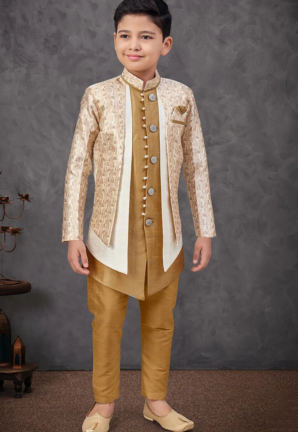 Digital Printed Art Silk Jacquard Layered Sherwani in Beige and Mustard