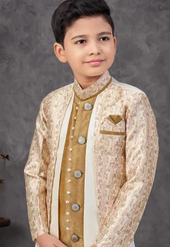 Digital Printed Art Silk Jacquard Layered Sherwani in Beige and Mustard