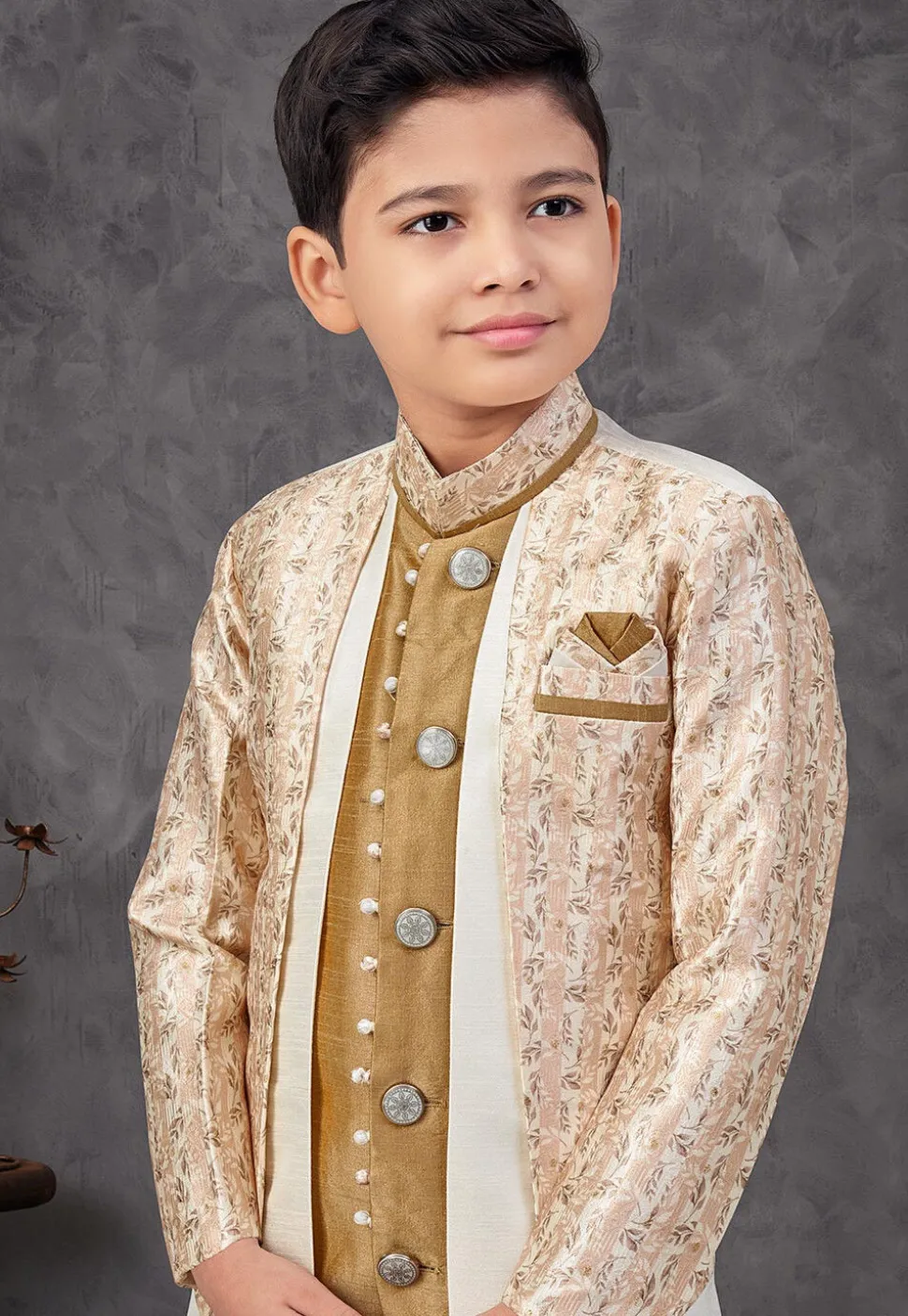 Digital Printed Art Silk Jacquard Layered Sherwani in Beige and Mustard