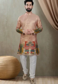 Digital Printed Art Silk Kurta Set in Peach