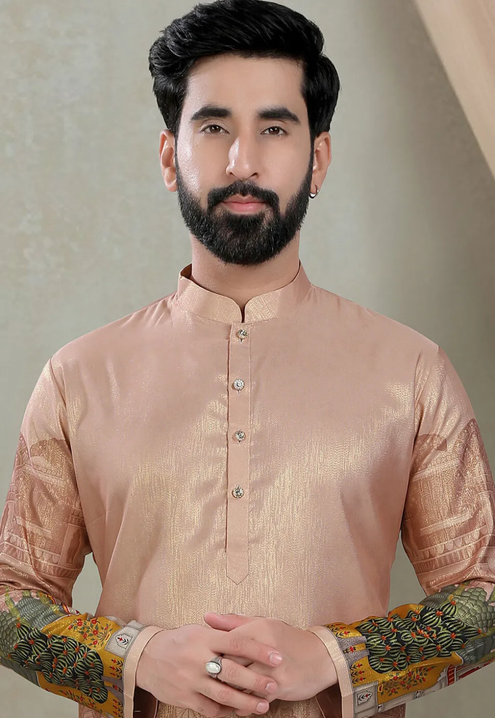 Digital Printed Art Silk Kurta Set in Peach