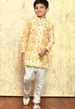 Digital Printed Art Silk Kurta Set in Yellow