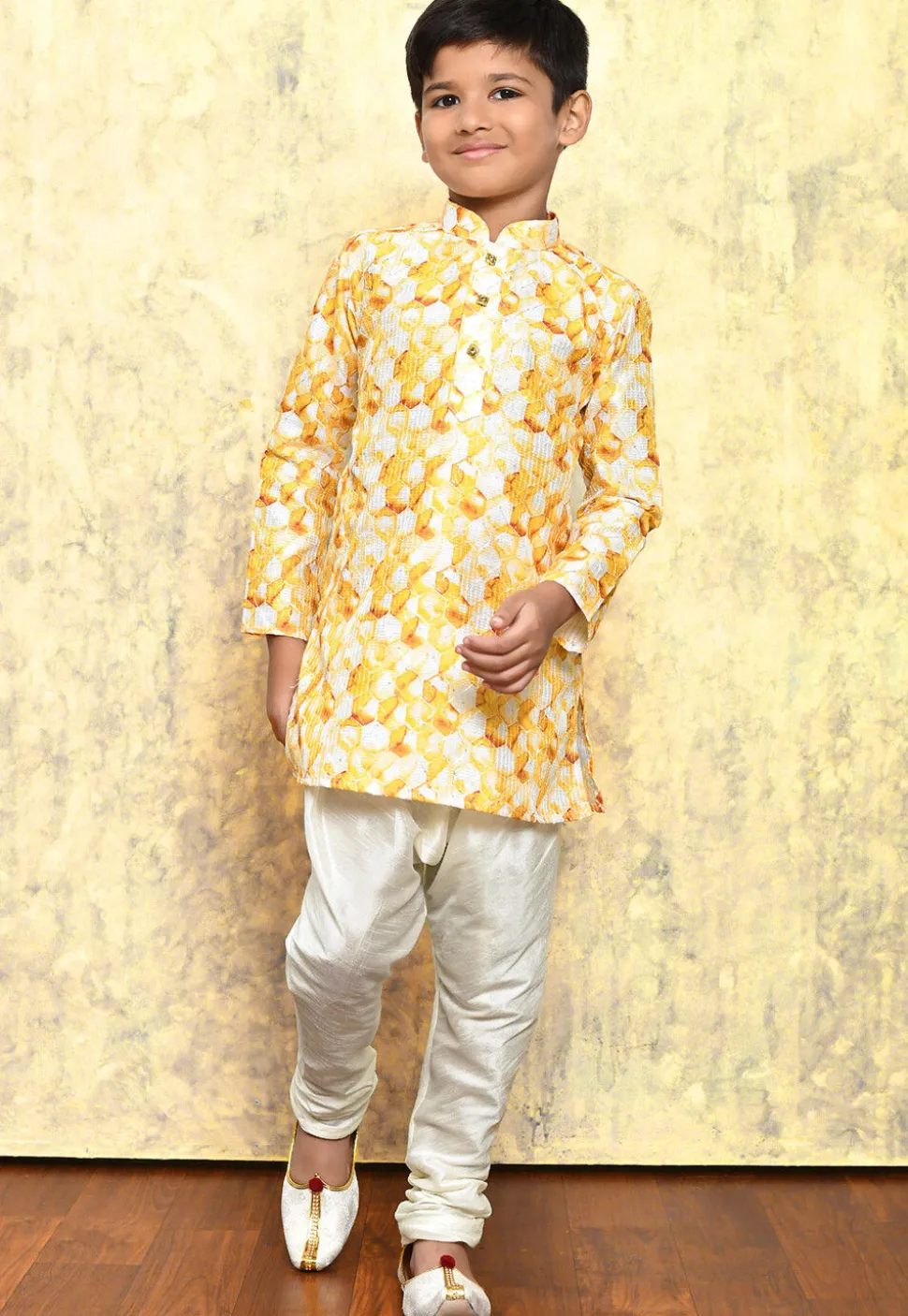 Digital Printed Art Silk Kurta Set in Yellow