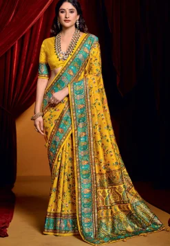 Digital Printed Art Silk Saree in Mustard