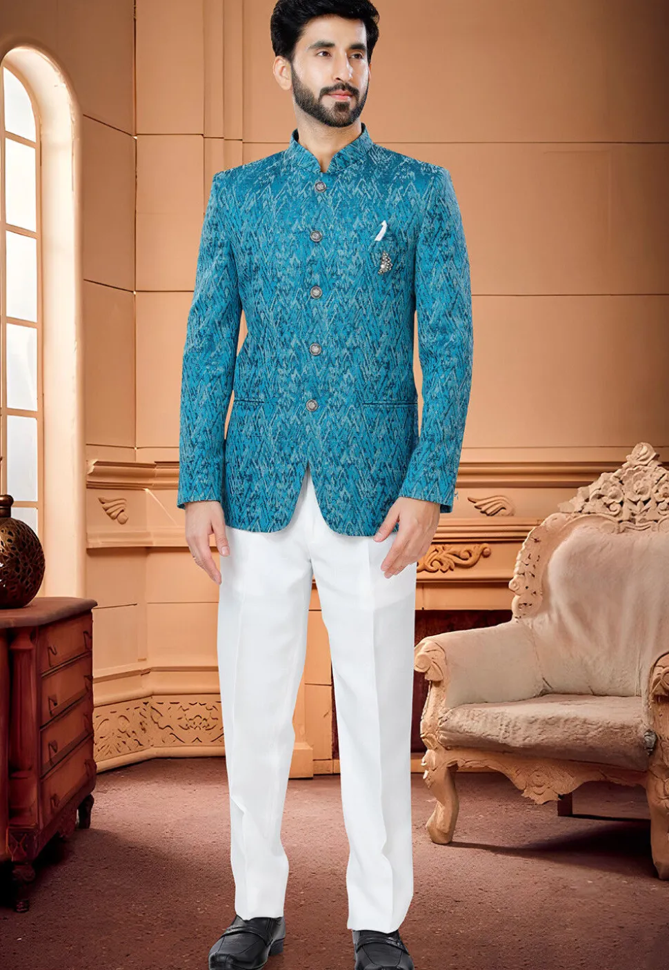 Digital Printed Art Silk Jodhpuri Suit in Blue