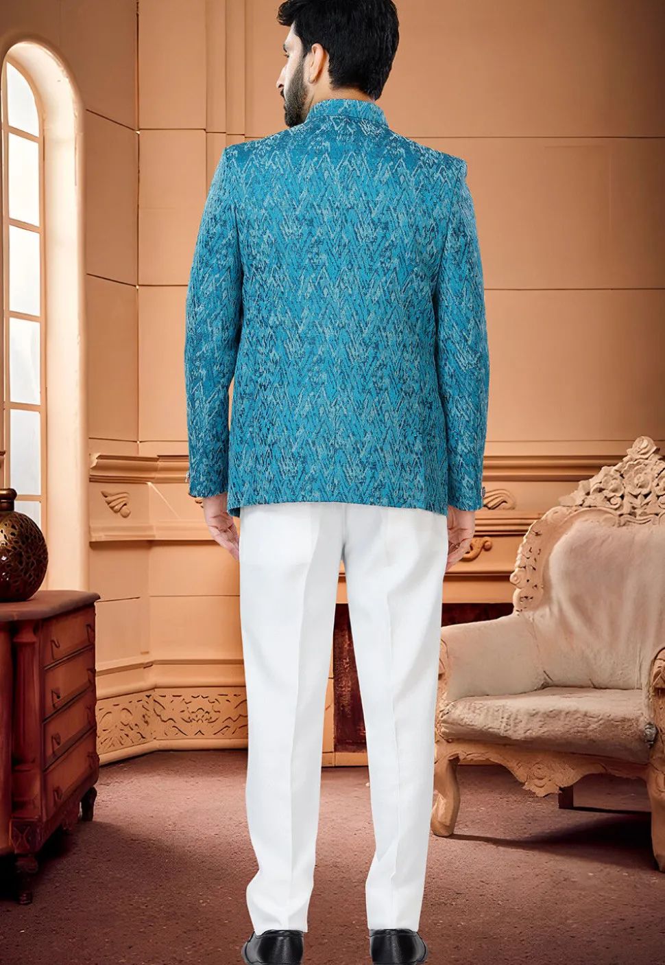 Digital Printed Art Silk Jodhpuri Suit in Blue