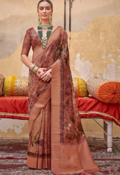Digital Printed Art Silk Saree in Peach