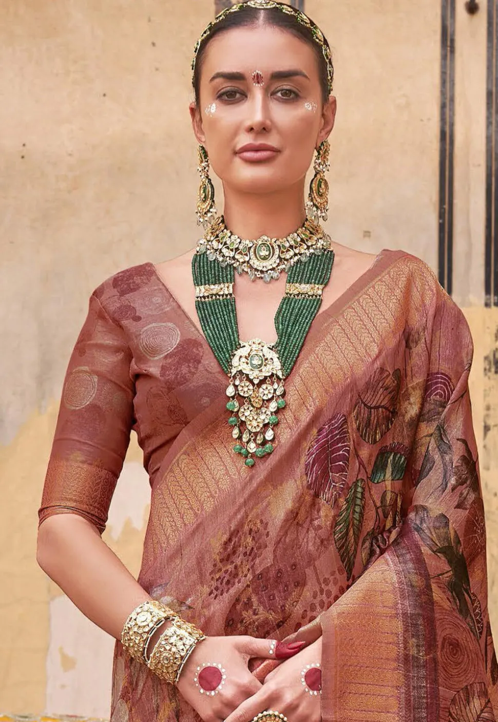 Digital Printed Art Silk Saree in Peach