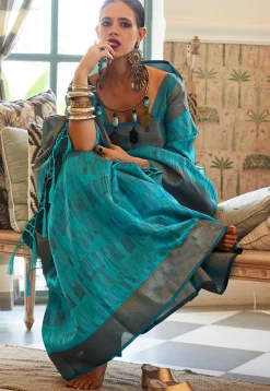 Digital Printed Art Silk Saree in Turquoise