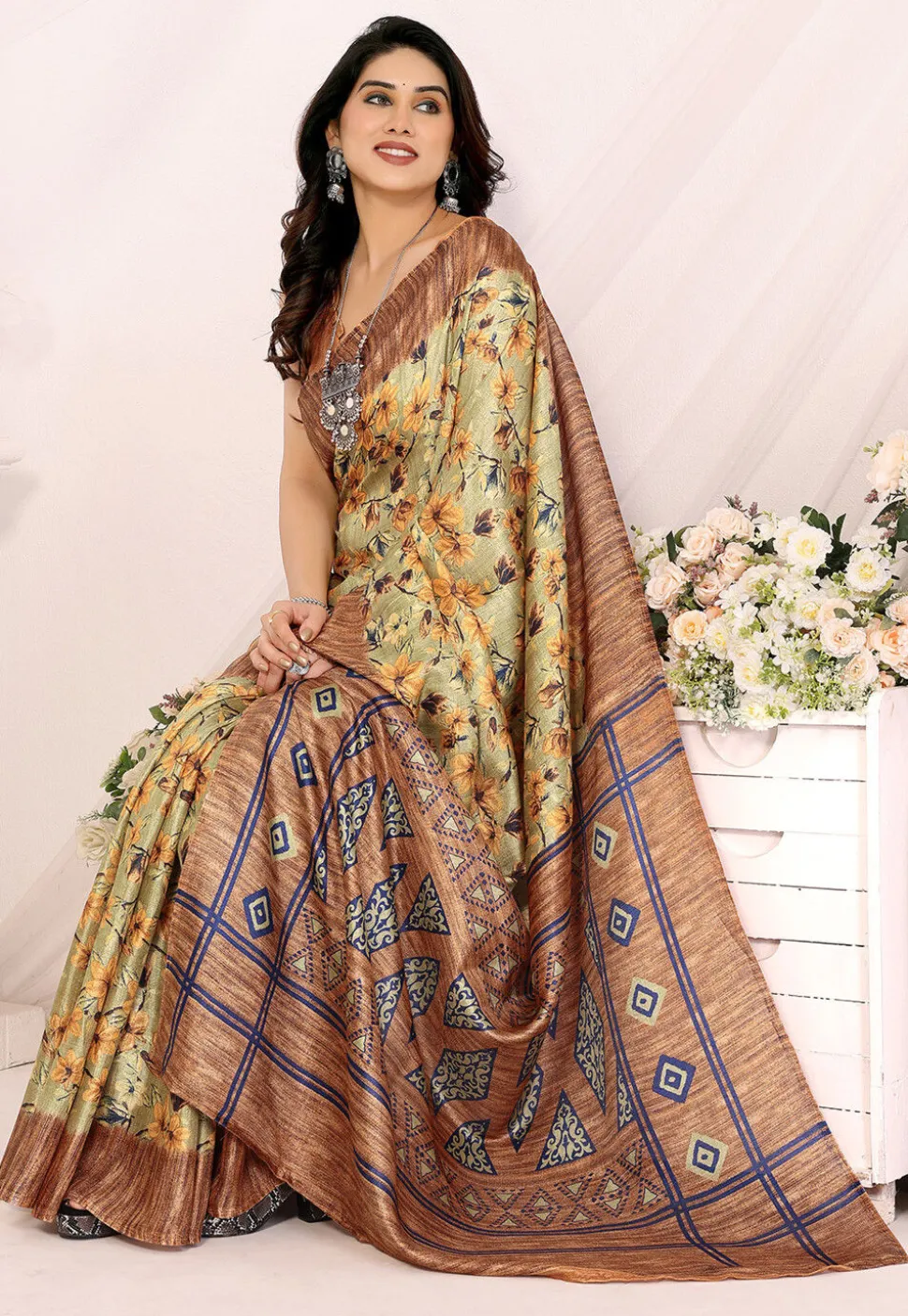 Digital Printed Art Silk Saree in Light Green