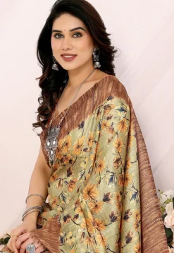 Digital Printed Art Silk Saree in Light Green