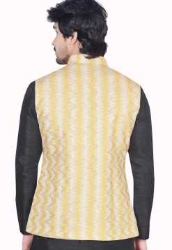 Digital Printed Art Silk Nehru Jacket in Yellow