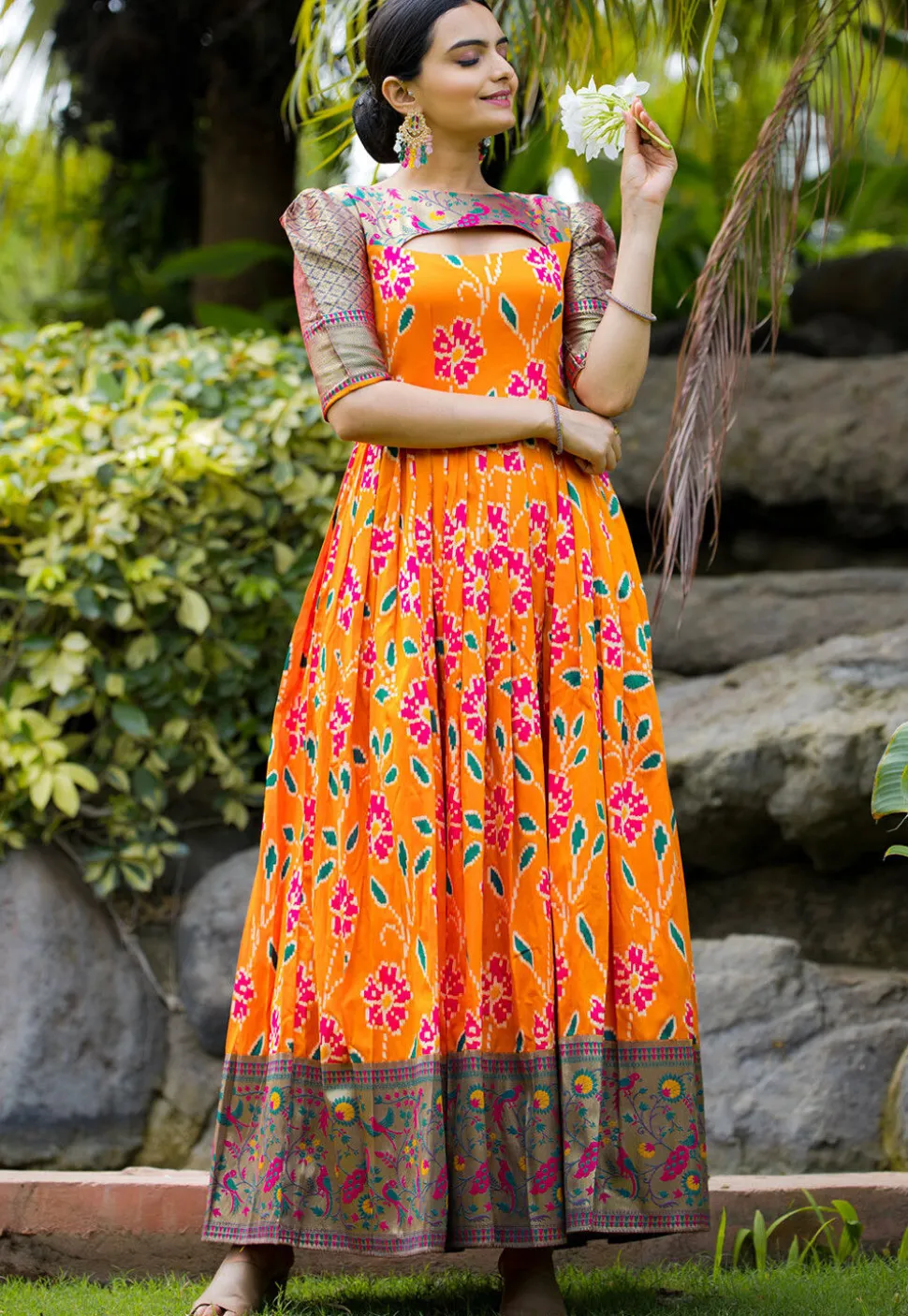 Digital Printed Art Silk Gown in Orange